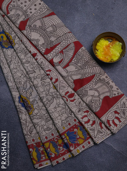 Kalamkari cotton saree beige and maroon with allover prints and printed border