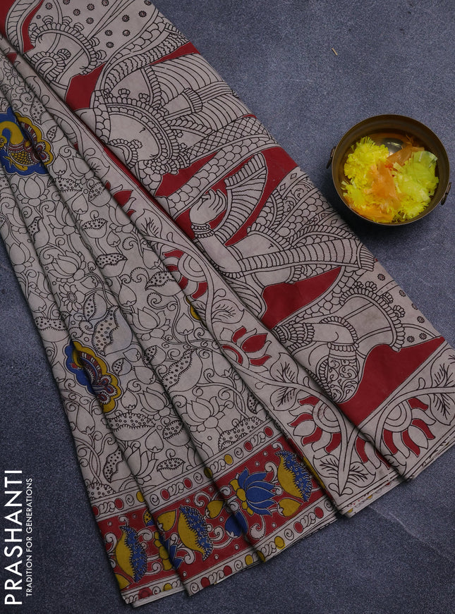 Kalamkari cotton saree beige and maroon with allover prints and printed border