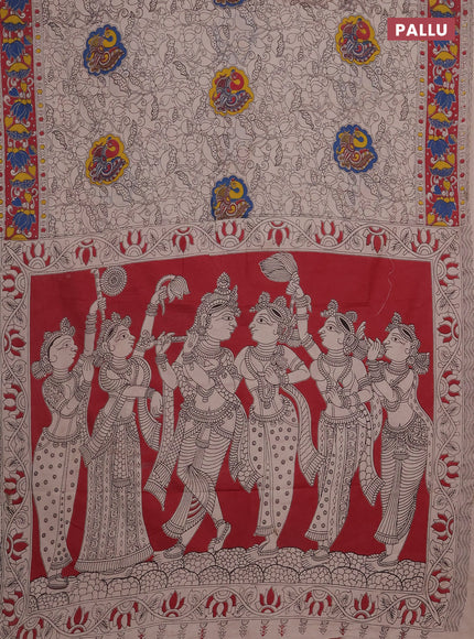 Kalamkari cotton saree beige and maroon with allover prints and printed border
