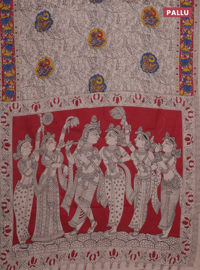 Kalamkari cotton saree beige and maroon with allover prints and printed border