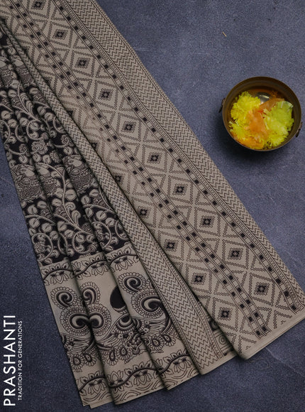 Kalamkari cotton saree black and beige with allover prints and long printed border