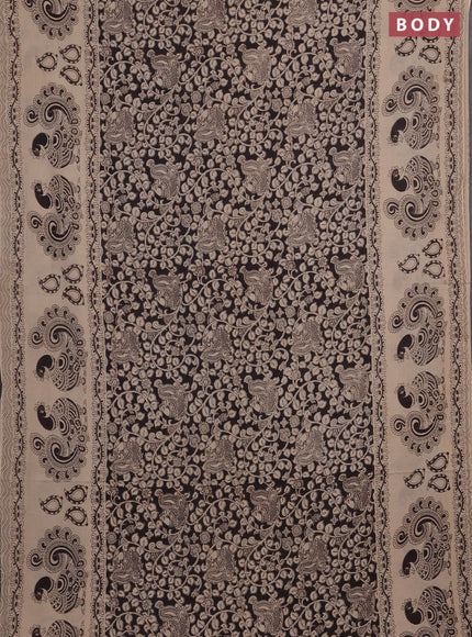 Kalamkari cotton saree black and beige with allover prints and long printed border