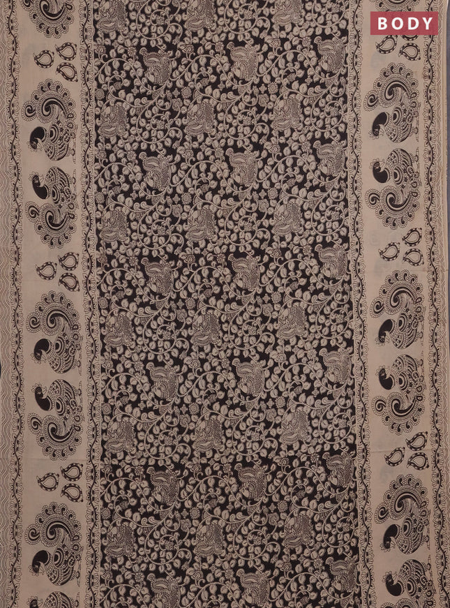 Kalamkari cotton saree black and beige with allover prints and long printed border