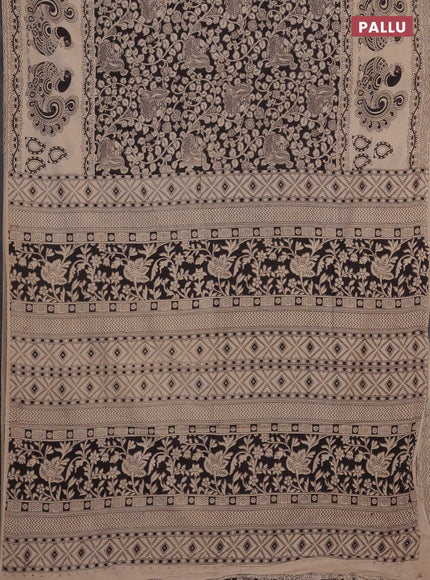 Kalamkari cotton saree black and beige with allover prints and long printed border