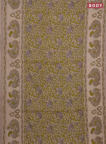 Kalamkari cotton saree light green and beige with allover prints and long printed border