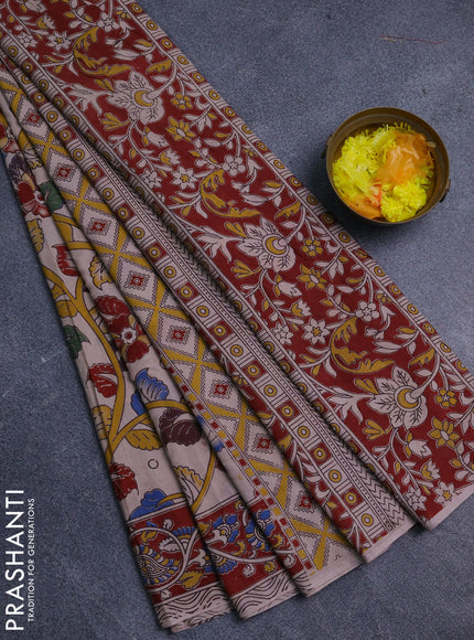 Kalamkari cotton saree beige and maroon with allover prints and printed border