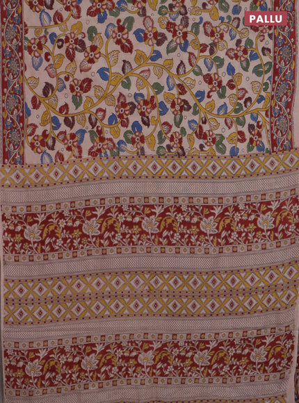 Kalamkari cotton saree beige and maroon with allover prints and printed border