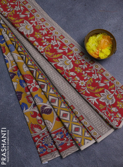 Kalamkari cotton saree yellow and pink with allover prints and printed border