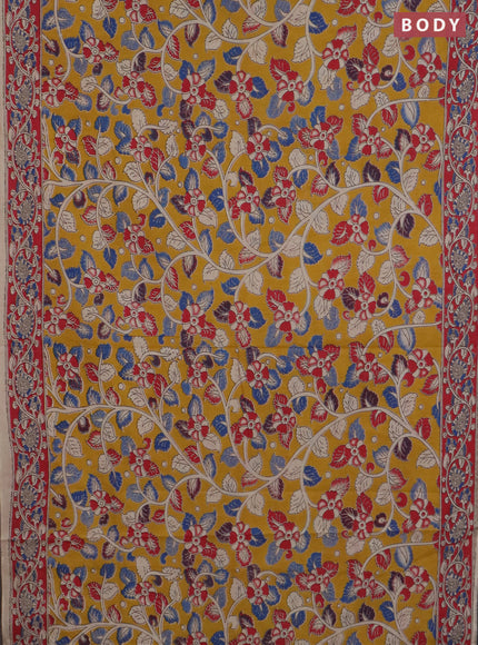 Kalamkari cotton saree yellow and pink with allover prints and printed border