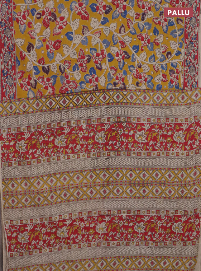 Kalamkari cotton saree yellow and pink with allover prints and printed border