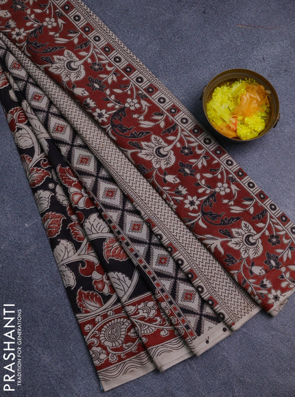 Kalamkari cotton saree black and beige with allover prints and printed border