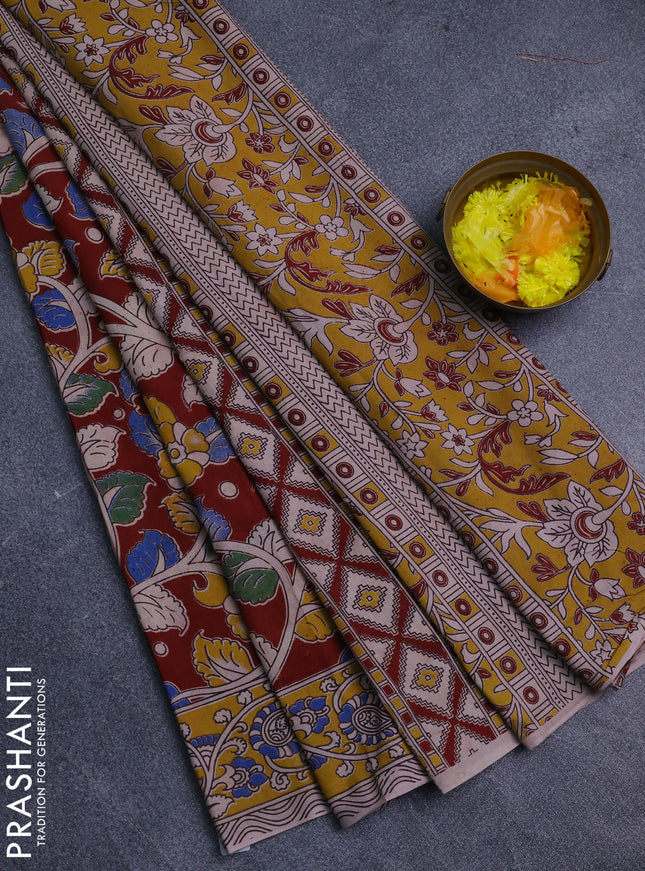 Kalamkari cotton saree maroon shade and yellow with allover prints and printed border