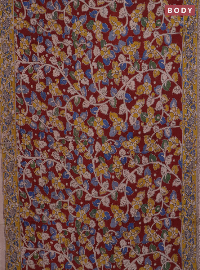 Kalamkari cotton saree maroon shade and yellow with allover prints and printed border