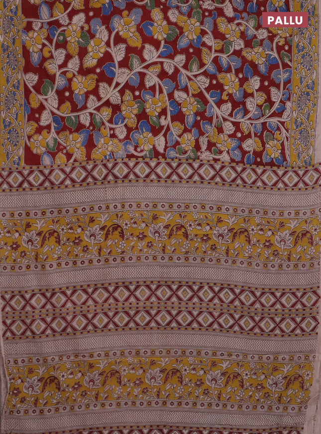 Kalamkari cotton saree maroon shade and yellow with allover prints and printed border