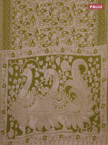 Kalamkari cotton saree light green and beige with allover geomatric prints and printed border
