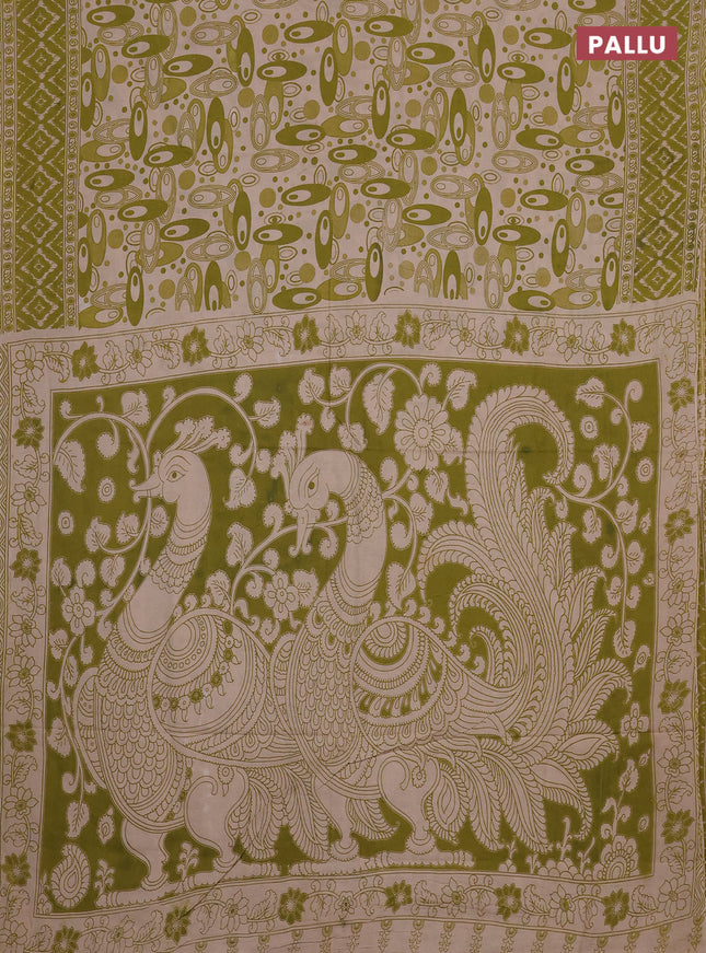 Kalamkari cotton saree light green and beige with allover geomatric prints and printed border