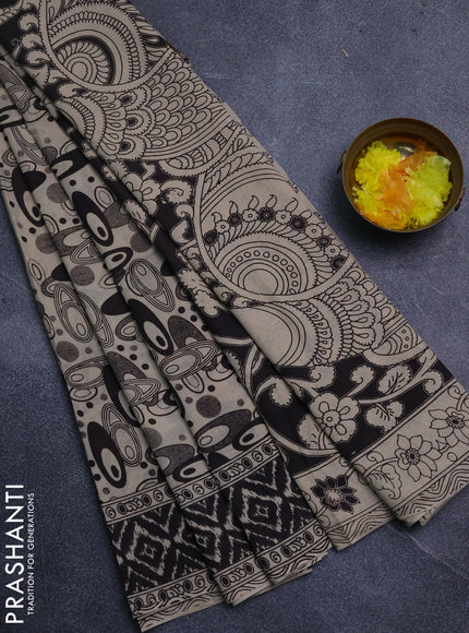 Kalamkari cotton saree black and beige with allover geomatric prints and printed border