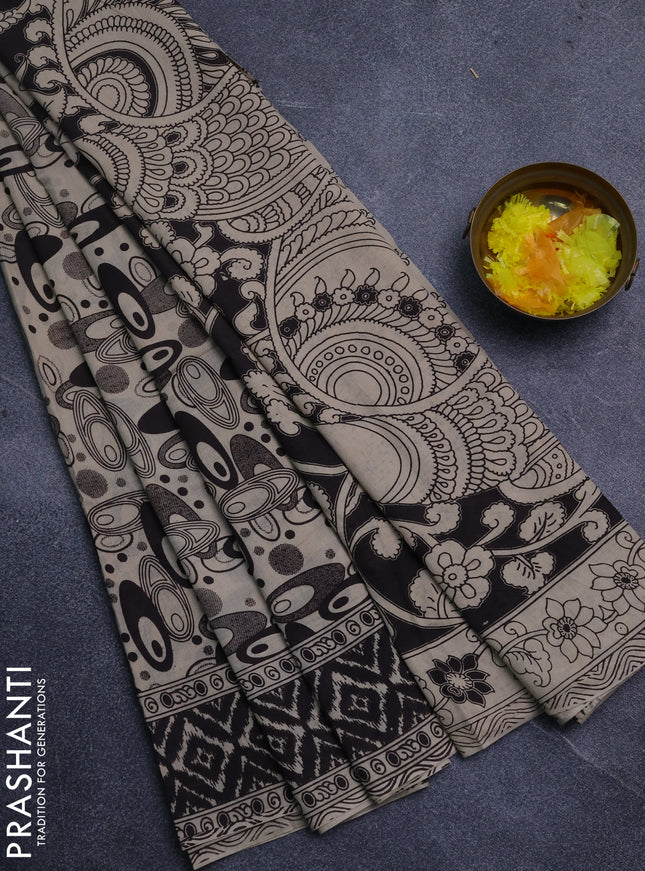 Kalamkari cotton saree black and beige with allover geomatric prints and printed border