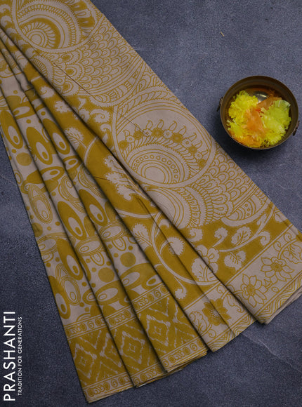 Kalamkari cotton saree yellow and beige with allover geomatric prints and printed border