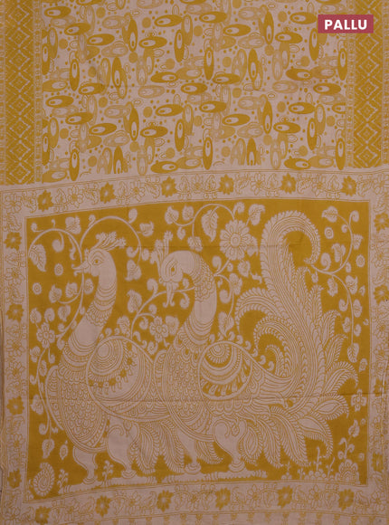 Kalamkari cotton saree yellow and beige with allover geomatric prints and printed border