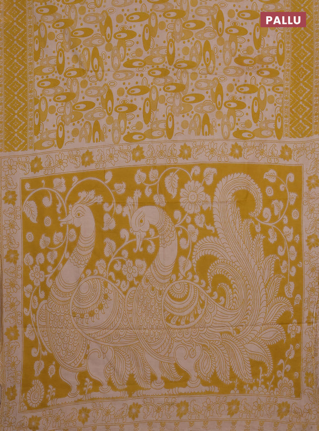 Kalamkari cotton saree yellow and beige with allover geomatric prints and printed border