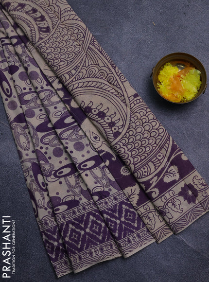 Kalamkari cotton saree purple and beige with allover geomatric prints and printed border
