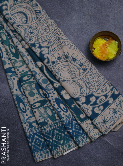 Kalamkari cotton saree teal green and beige with allover geomatric prints and printed border