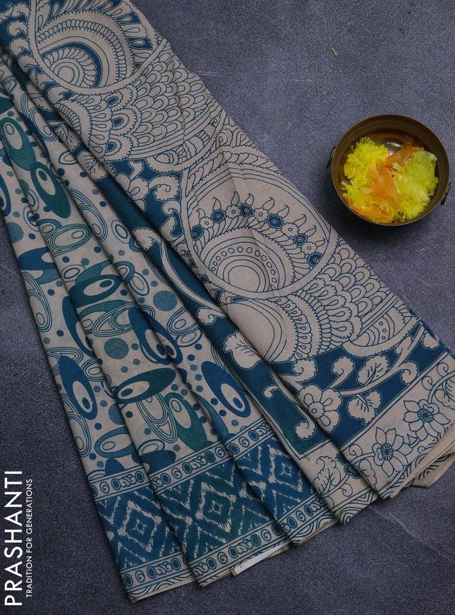 Kalamkari cotton saree teal green and beige with allover geomatric prints and printed border