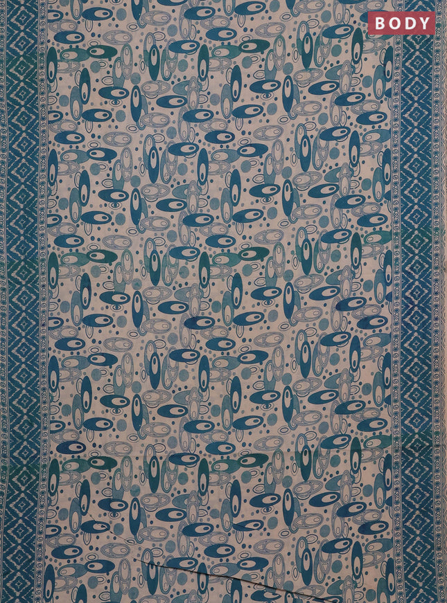 Kalamkari cotton saree teal green and beige with allover geomatric prints and printed border