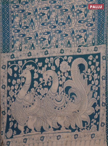 Kalamkari cotton saree teal green and beige with allover geomatric prints and printed border