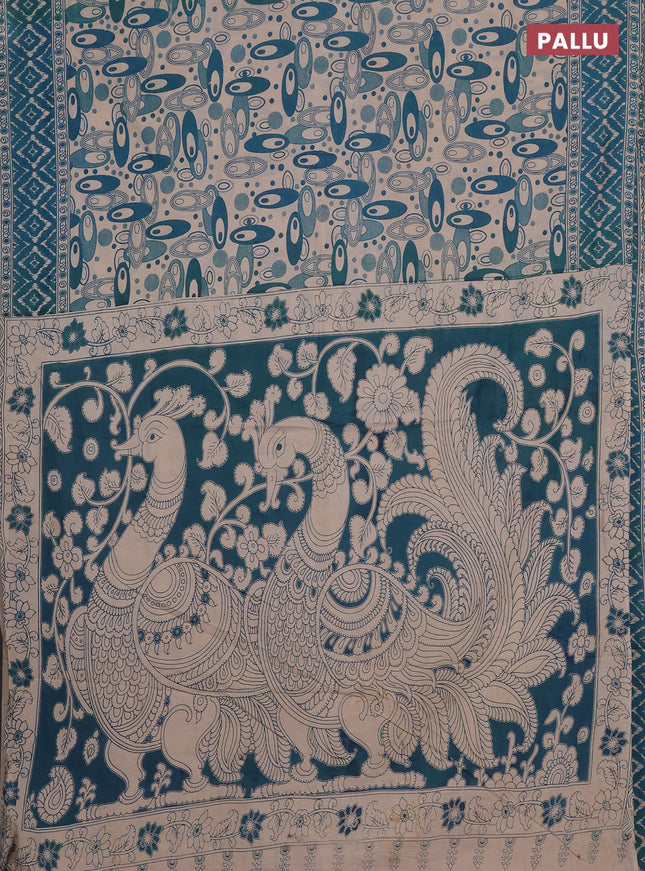 Kalamkari cotton saree teal green and beige with allover geomatric prints and printed border