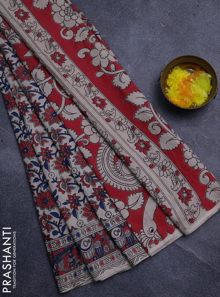 Kalamkari cotton saree beige and pink with allover prints and printed border