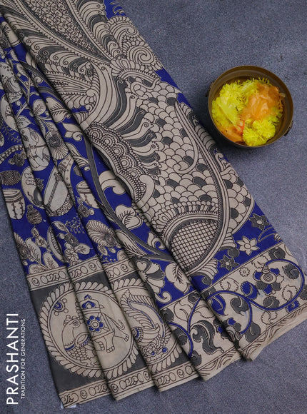 Kalamkari cotton saree blue and grey with allover prints and printed border