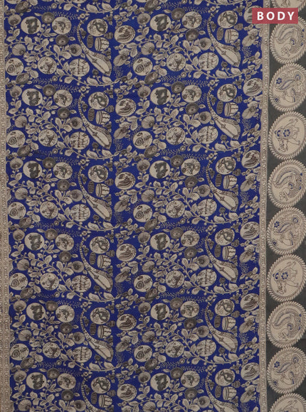 Kalamkari cotton saree blue and grey with allover prints and printed border