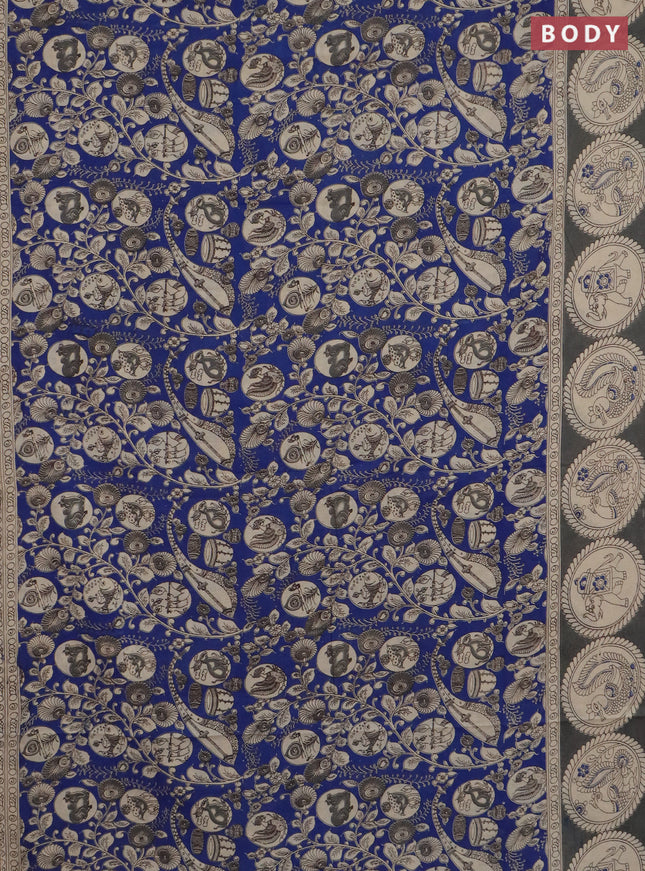 Kalamkari cotton saree blue and grey with allover prints and printed border