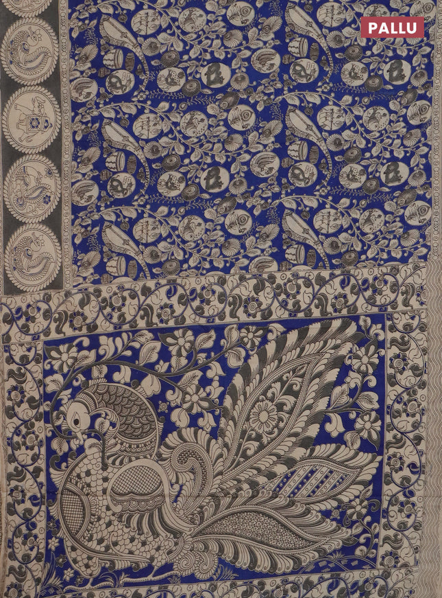 Kalamkari cotton saree blue and grey with allover prints and printed border