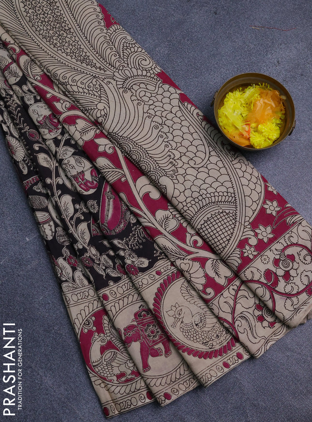 Kalamkari cotton saree black and beige with allover prints and printed border