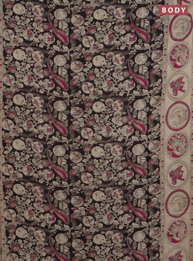 Kalamkari cotton saree black and beige with allover prints and printed border