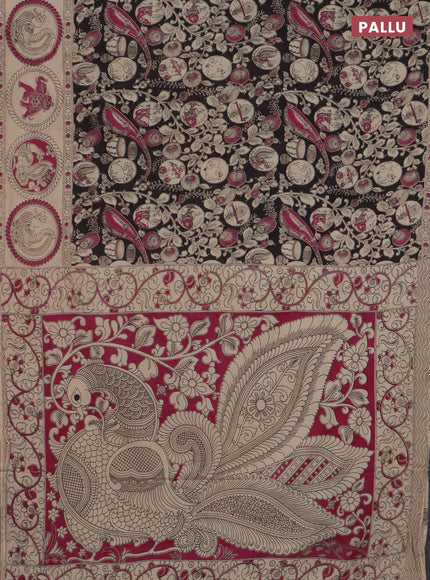 Kalamkari cotton saree black and beige with allover prints and printed border