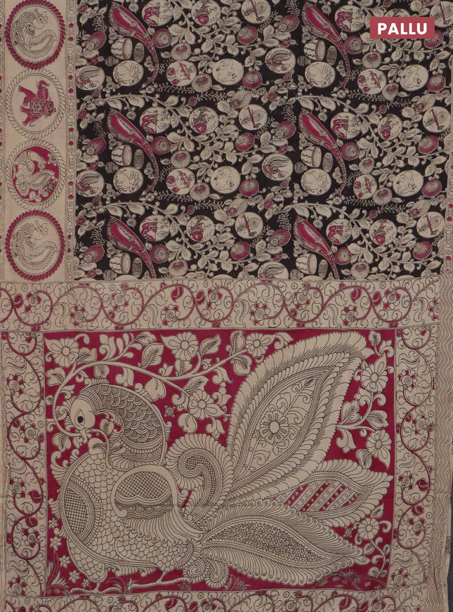 Kalamkari cotton saree black and beige with allover prints and printed border
