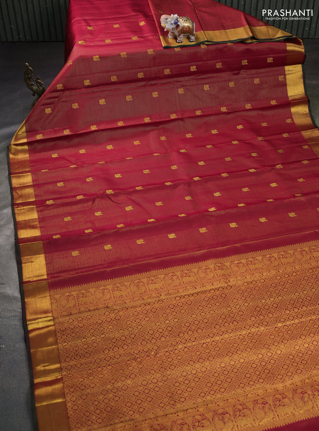 Pure kanchipuram silk saree maroon and dual shade of green with allover vairosi pattern & zari buttas and rich zari woven border