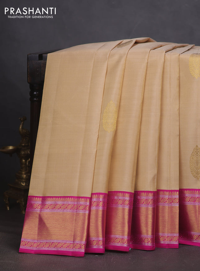 Pure kanchipuram silk saree cream and pink with zari woven buttas and rich zari woven border
