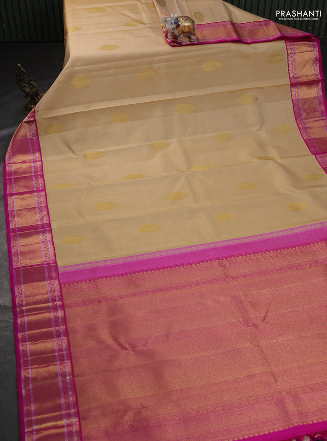 Pure kanchipuram silk saree cream and pink with zari woven buttas and rich zari woven border