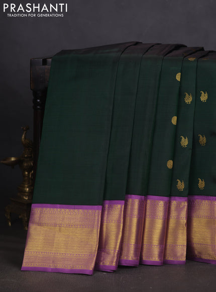Pure kanchipuram silk saree bottle green and lavender shade with annam & rudhraksha zari woven buttas and zari woven border