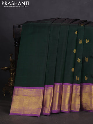 Pure kanchipuram silk saree bottle green and lavender shade with annam & rudhraksha zari woven buttas and zari woven border