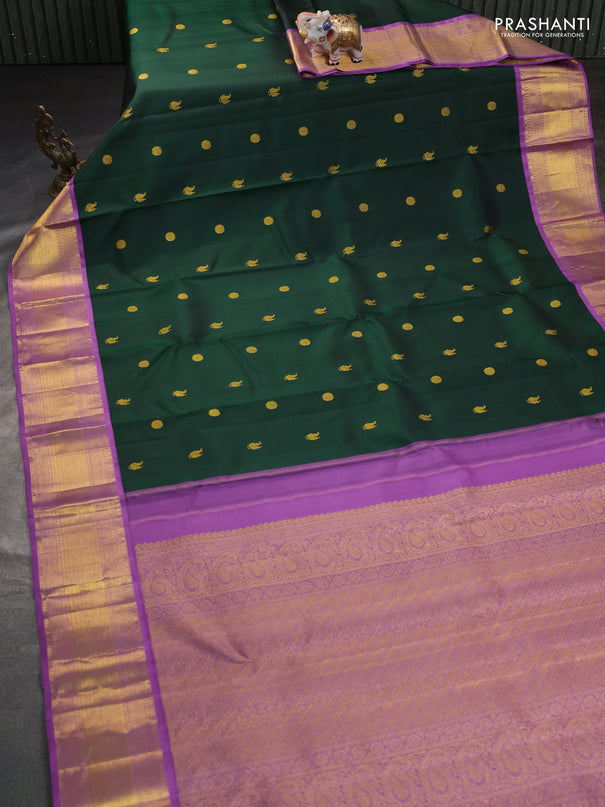 Pure kanchipuram silk saree bottle green and lavender shade with annam & rudhraksha zari woven buttas and zari woven border
