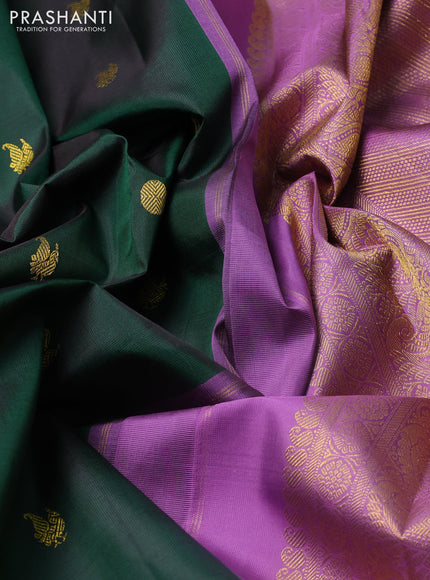 Pure kanchipuram silk saree bottle green and lavender shade with annam & rudhraksha zari woven buttas and zari woven border