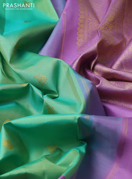 Pure kanchipuram silk saree teal green shade and lavender with annam & rudhraksha zari woven buttas and zari woven border