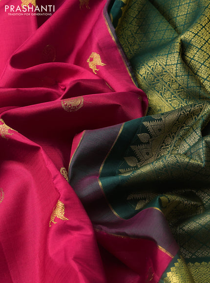 Pure kanchipuram silk saree pink and bottle green with zari woven buttas and rich zari woven korvai border