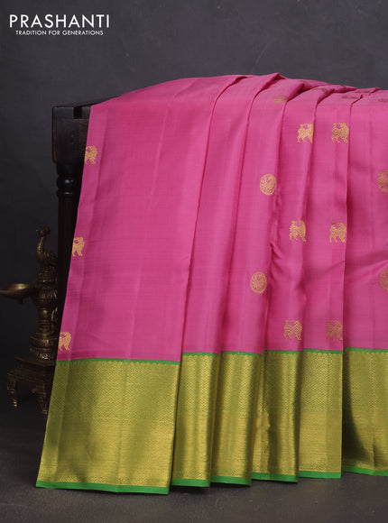 Pure kanchipuram silk saree pink and green with zari woven buttas and rich zari woven korvai border
